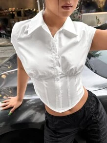 SHEIN ICON 素色前紐扣襯衫 - 白色 - 查看 4