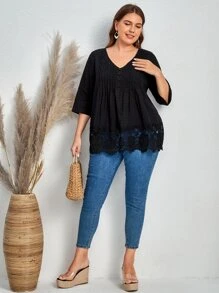 EMERY ROSE Blusa de lunares con encaje en contraste con fruncido - Negro - Ver 5
