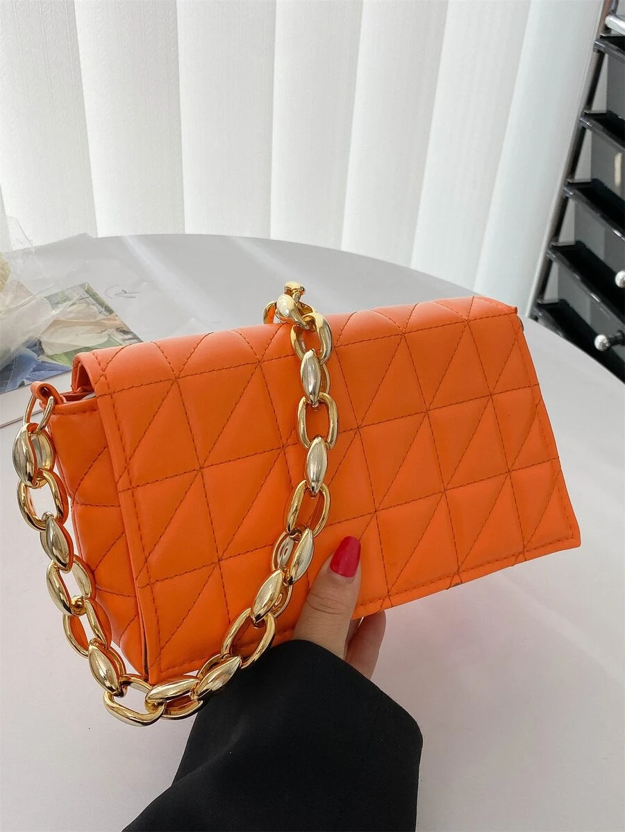 Bolsa cuadrada neón-naranja guateado con solapa con cadena - Naranja - Ver 1