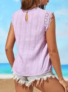 SHEIN VCAY Blusa floral con encaje en contraste - Lila Púrpura - Ver 2