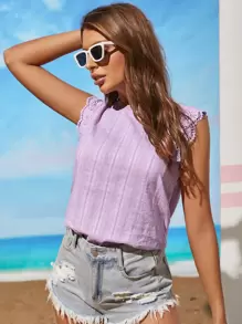 SHEIN VCAY Blusa floral con encaje en contraste - Lila Púrpura - Ver 3