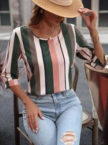 EMERY ROSE Striped Print Blouse,Three Quarter Sleeve Tops - Multicolor - View 3