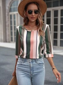 EMERY ROSE Striped Print Blouse,Three Quarter Sleeve Tops - Multicolor - View 4
