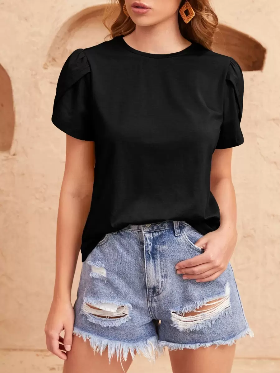 SHEIN Clasi Solid Petal Sleeve Tee - Black - View 1