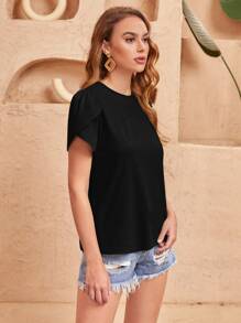 SHEIN Clasi Solid Petal Sleeve Tee - Black - View 3