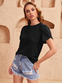 SHEIN Clasi Solid Petal Sleeve Tee - Black - View 5