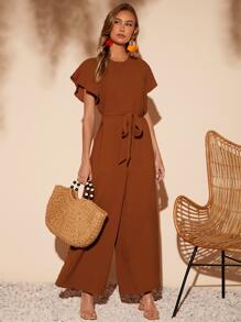SHEIN VCAY 蝴蝶袖腰帶闊腿連體褲 - 鏽棕色 - 查看 2