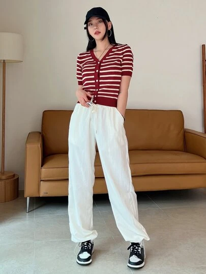 DAZY 条纹纽扣开衫，短袖上衣夏季
