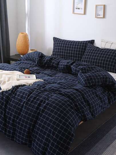 3pcs Blue Plaid Is Fresh And Simple, Students Are Super Soft, Four Seasons Solid Color Sanded Quilt Cover Pillowcase, Bedding, Soft And Skin-Friendly Quilt Cover, Quilt Suit And Pillowcase, Excluding Quilt Core, Suitable For Double Full-Size Queen Bed, Suitable For All Seasons, Home Decoration Gifts, And Machine Washable Fresh And Simple Student Quilt Cover TwinFullQueenKing.