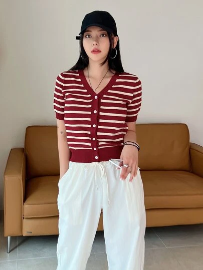 DAZY 条纹纽扣开衫，短袖上衣夏季
