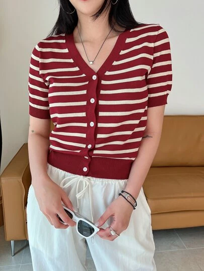 DAZY 条纹纽扣开衫，短袖上衣夏季