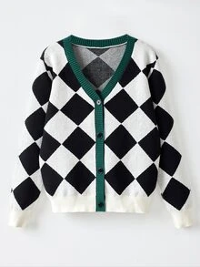 Niños Cárdigan con patrón geométrico ribete en contraste - Blanco y Negro - Ver 1
