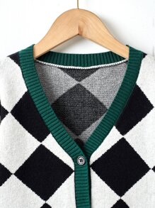 Niños Cárdigan con patrón geométrico ribete en contraste - Blanco y Negro - Ver 5