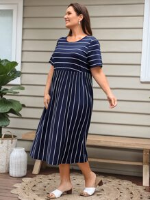 EMERY ROSE Đầm Plus Size Sọc Giải trí - Màu xanh hải quân - Xem 5