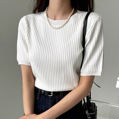 솔리드 라운드 넥 골지 니트 탑