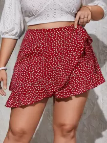 SHEIN VCAY Plus Ditsy Floral Print Knot Side Ruffle Trim Wrap Skort - Red and White - View 1