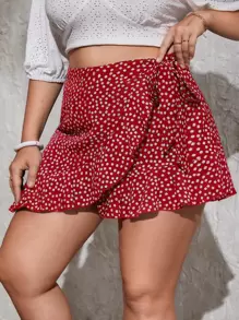 SHEIN VCAY Plus Ditsy Floral Print Knot Side Ruffle Trim Wrap Skort - Red and White - View 5