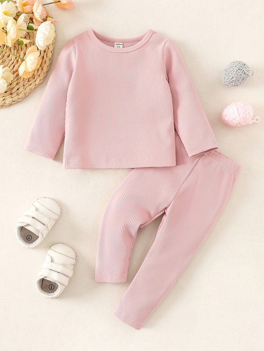 Conjunto De Camiseta Y Pantalón De Punto De Gofre Para Bebé - Rosa Pálido - Ver 1