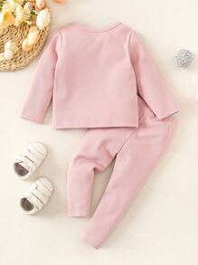 Conjunto De Camiseta Y Pantalón De Punto De Gofre Para Bebé - Rosa Pálido - Ver 2