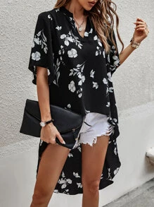 SHEIN LUNE Floral Print Drop Shoulder Blouse - Black - View 3