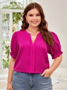SHEIN Clasi Plus Puff Sleeve Popover Blouse - Hot Pink - View 1