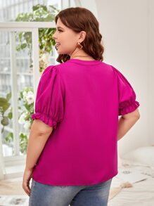 SHEIN Clasi Plus Puff Sleeve Popover Blouse - Hot Pink - View 2