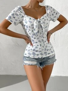 Ditsy Floral Print Tie Front Tee - White - View 4