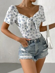 Ditsy Floral Print Tie Front Tee - White - View 5