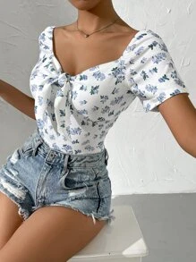 Ditsy Floral Print Tie Front Tee - White - View 6