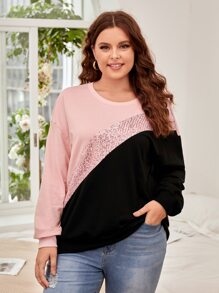 SHEIN LUNE Plus Contrast Sequins Drop Shoulder Sweatshirt - Multicolor - View 1