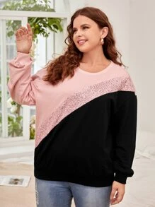 SHEIN LUNE Plus Contrast Sequins Drop Shoulder Sweatshirt - Multicolor - View 6
