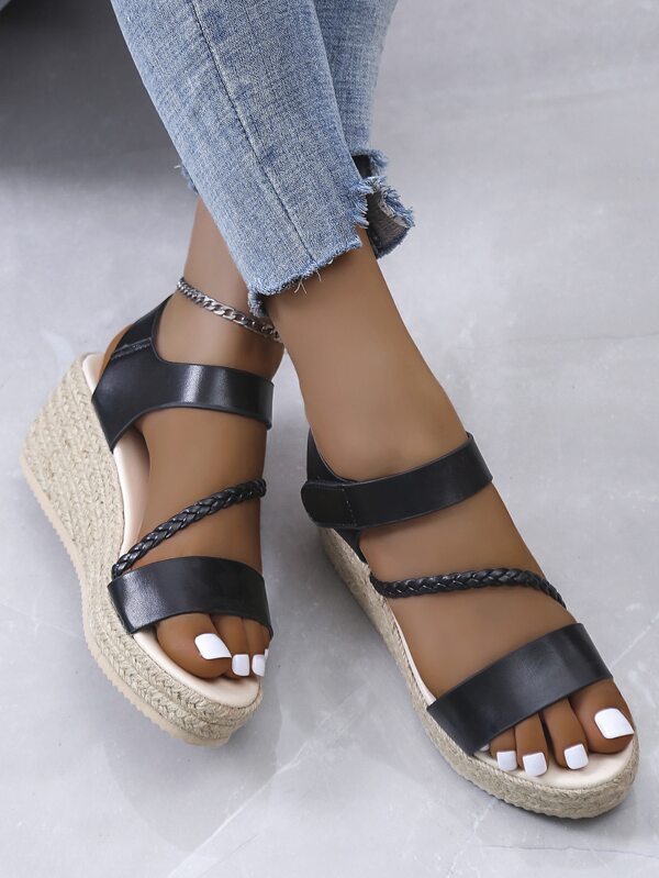 Women Braid Detail Wedge Sandals, Ankle Strap Vacation Sandals Black