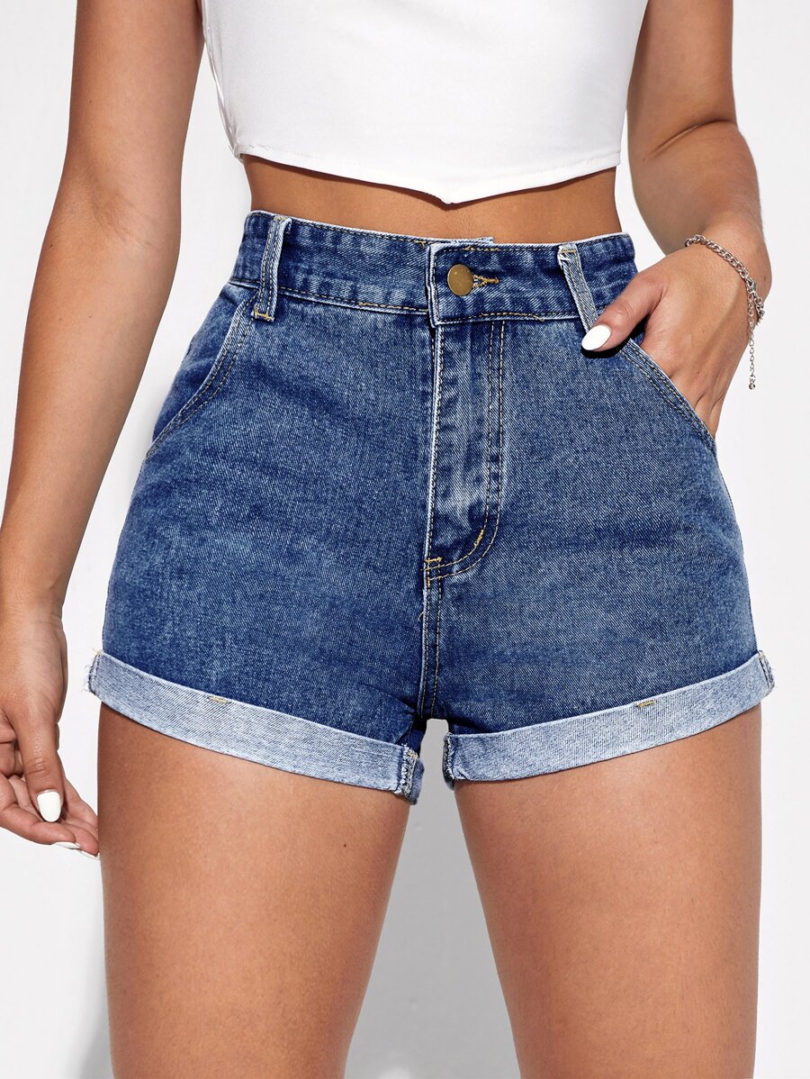 Shorts en mezclilla bajo de doblez - Azul lavado oscuro - Ver 1