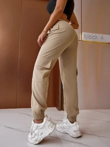 SHEIN Unity Quần nữ Dây kéo Túi màu trơn Giải trí - Màu Khaki - Xem 2
