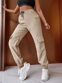 SHEIN Unity Quần nữ Dây kéo Túi màu trơn Giải trí - Màu Khaki - Xem 3