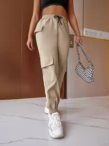 SHEIN Unity Quần nữ Dây kéo Túi màu trơn Giải trí - Màu Khaki - Xem 4