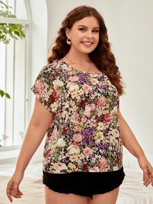 SHEIN LUNE Blusa con estampado floral de manga murciélago - Multicolor - Ver 3