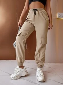 SHEIN Unity Quần nữ Dây kéo Túi màu trơn Giải trí - Màu Khaki - Xem 5