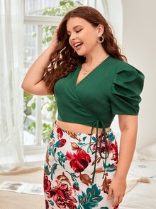 SHEIN Plus Puff Sleeve Knot Side Wrap Blouse - Green - View 4