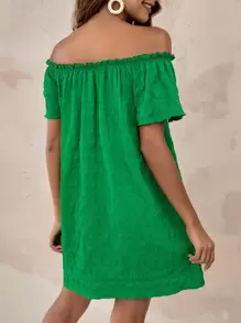 SHEIN VCAY 木耳邊一字肩直筒連衣裙 - 綠色 - 查看 2