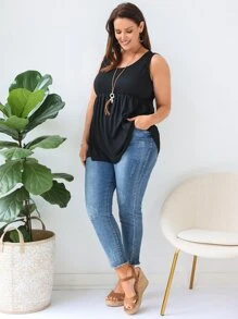EMERY ROSE Plus Solid Peplum Tank Top - Black - View 4