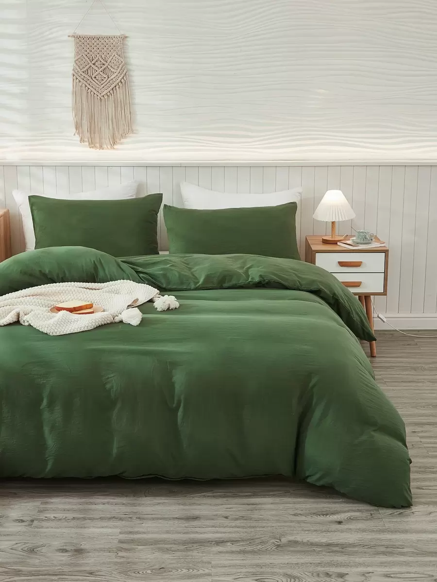 三件套波西米亚农舍风格被套套装，橄榄绿，可选单人/双人/特大号尺寸，超柔软透气超细纤维被套带拉链，含两个枕套，不含被芯，适合学生和成人使用。