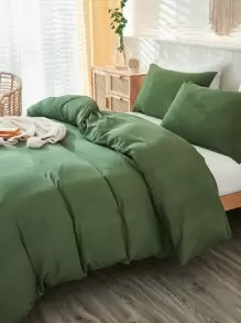 三件套波西米亚农舍风格被套套装，橄榄绿，可选单人/双人/特大号尺寸，超柔软透气超细纤维被套带拉链，含两个枕套，不含被芯，适合学生和成人使用。 - 軍綠色 - 查看 3