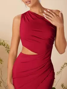 SHEIN Belle Burgundy Red Asymmetrical Neck Cut Out Wrap Bridesmaid Dress, Wedding Guest Dress Party Cocktail Dress - Burgundy - View 4