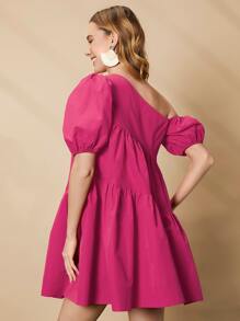 SHEIN Privé Asymmetrical Neck Puff Sleeve Ruffle Hem Smock Dress - Hot Pink - View 2