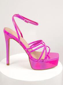 Metallic Artificial PU Strappy High Heels - Red Violet - View 2