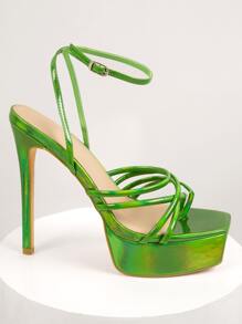 Square Toe Thong Strap Stiletto Heels - Lime Green - View 2