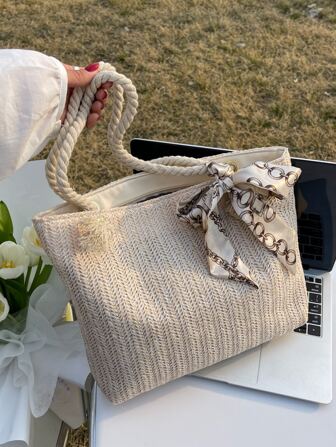 蝴蝶結裝飾twilly嬌小髮帶裝飾草編包