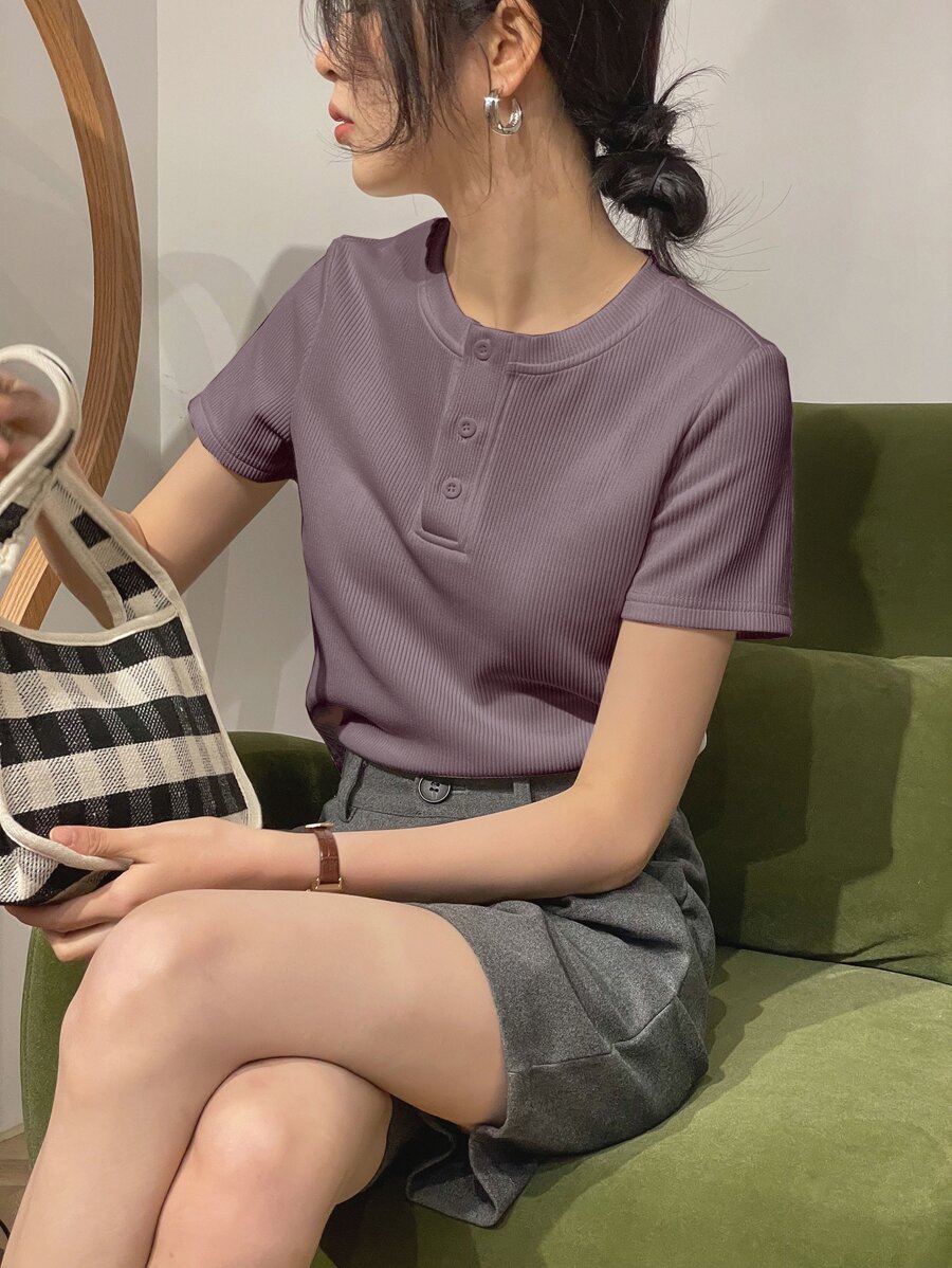 DAZY Solid Button Front Rib Knit Tee Summer Preppy Tops - Dusty Purple - View 1