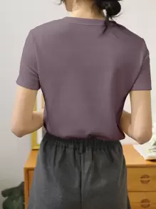 DAZY Solid Button Front Rib Knit Tee Summer Preppy Tops - Dusty Purple - View 2